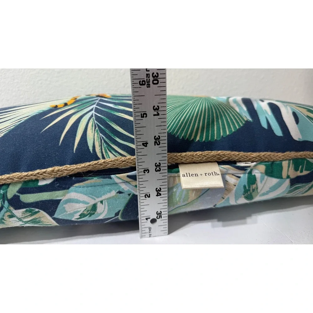 Allen + Roth Bengal Tiger Tropical Palm Lumbar Pillow Navy Blue Jute Trim 20x11